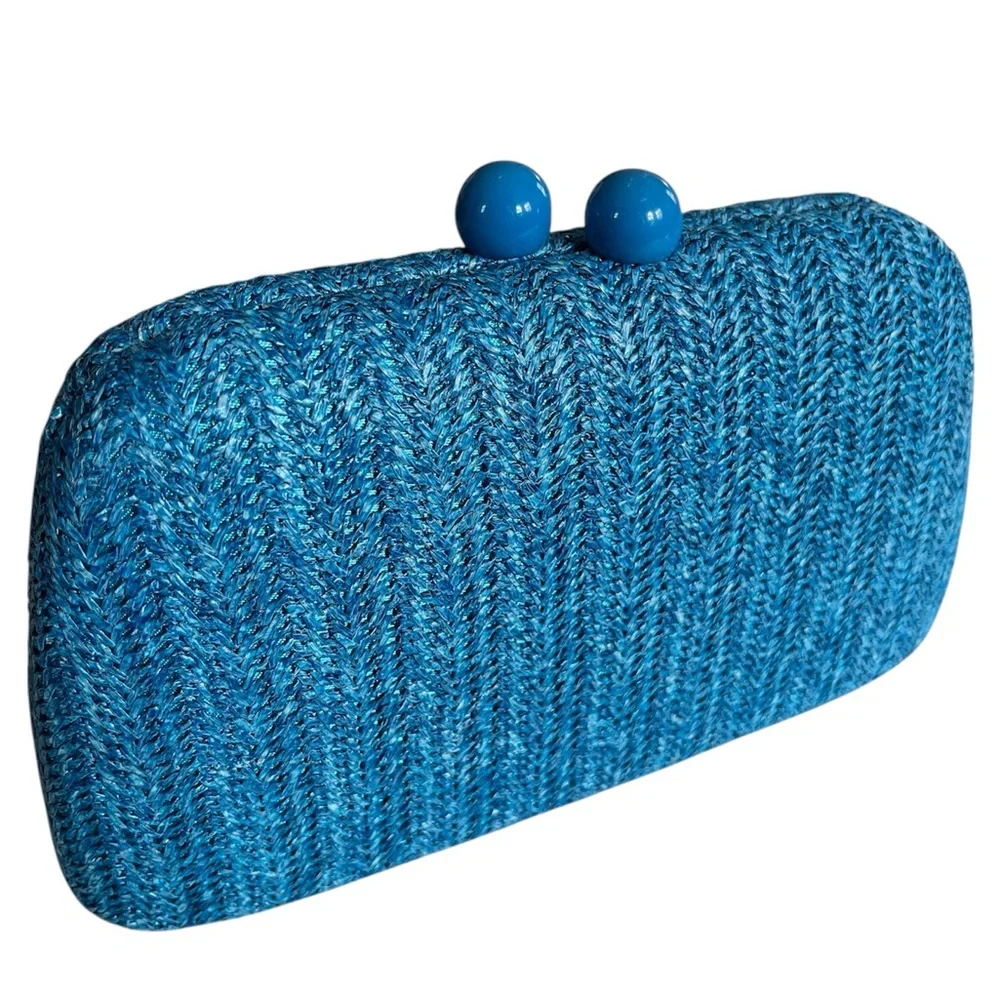 Blue Rafia/Straw yarn Woven Hardshell Clutch with Gold Chain & ball clasp lock